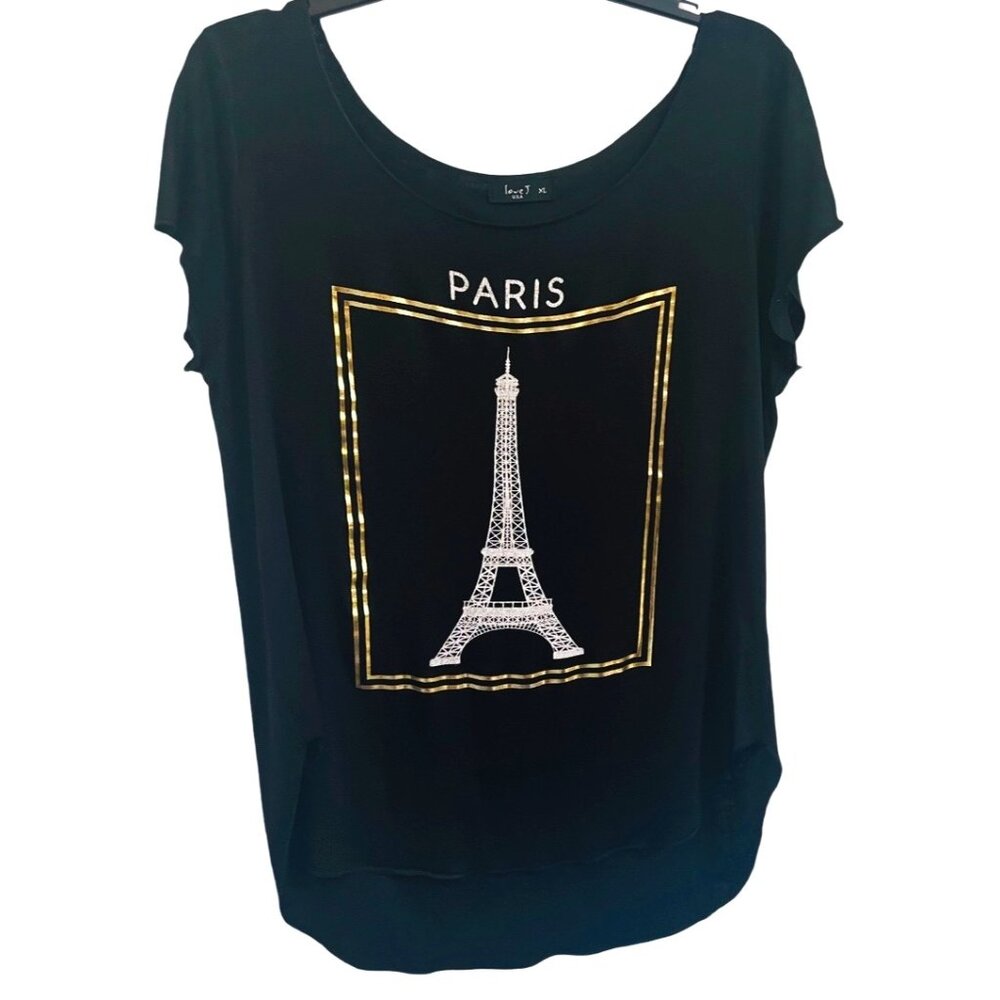 Black Tee with Gold and White Eiffel Tower Design. Fits like a size large.